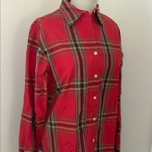 Eddie Bauer red green holiday tartan plaid button up down shirt cotton small s